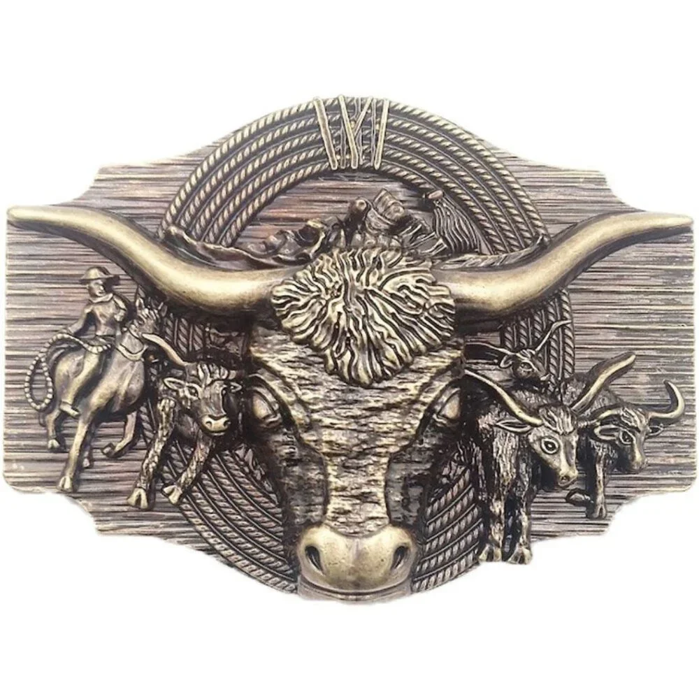 Cowboy Longhorn Cattle Stampede Gold Tone Western Belt Buckle NWT
